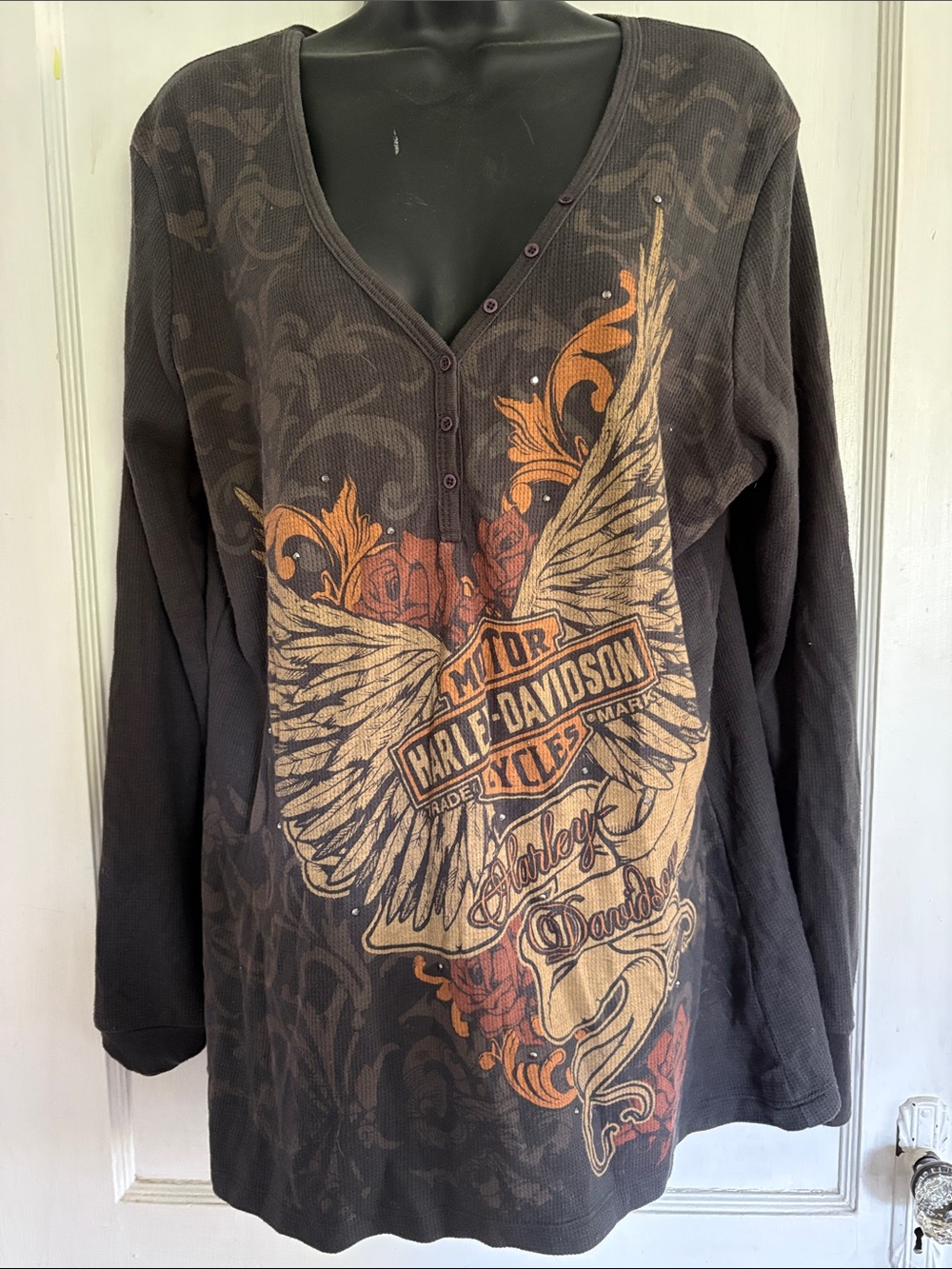Harley-Davidson Black Long Sleeve Henley with Orange and Tan Winged Graphic